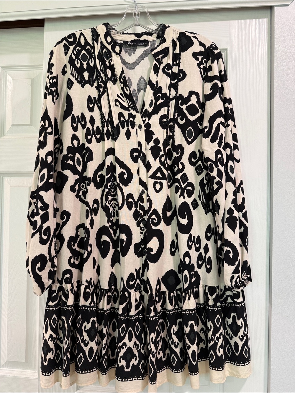 Zara Black and Cream Patterned Boho Tunic Dress